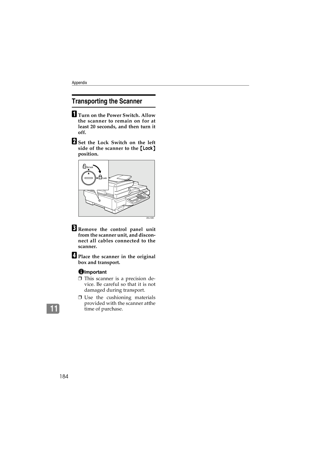 Ricoh IS300e operating instructions Transporting the Scanner, 184 