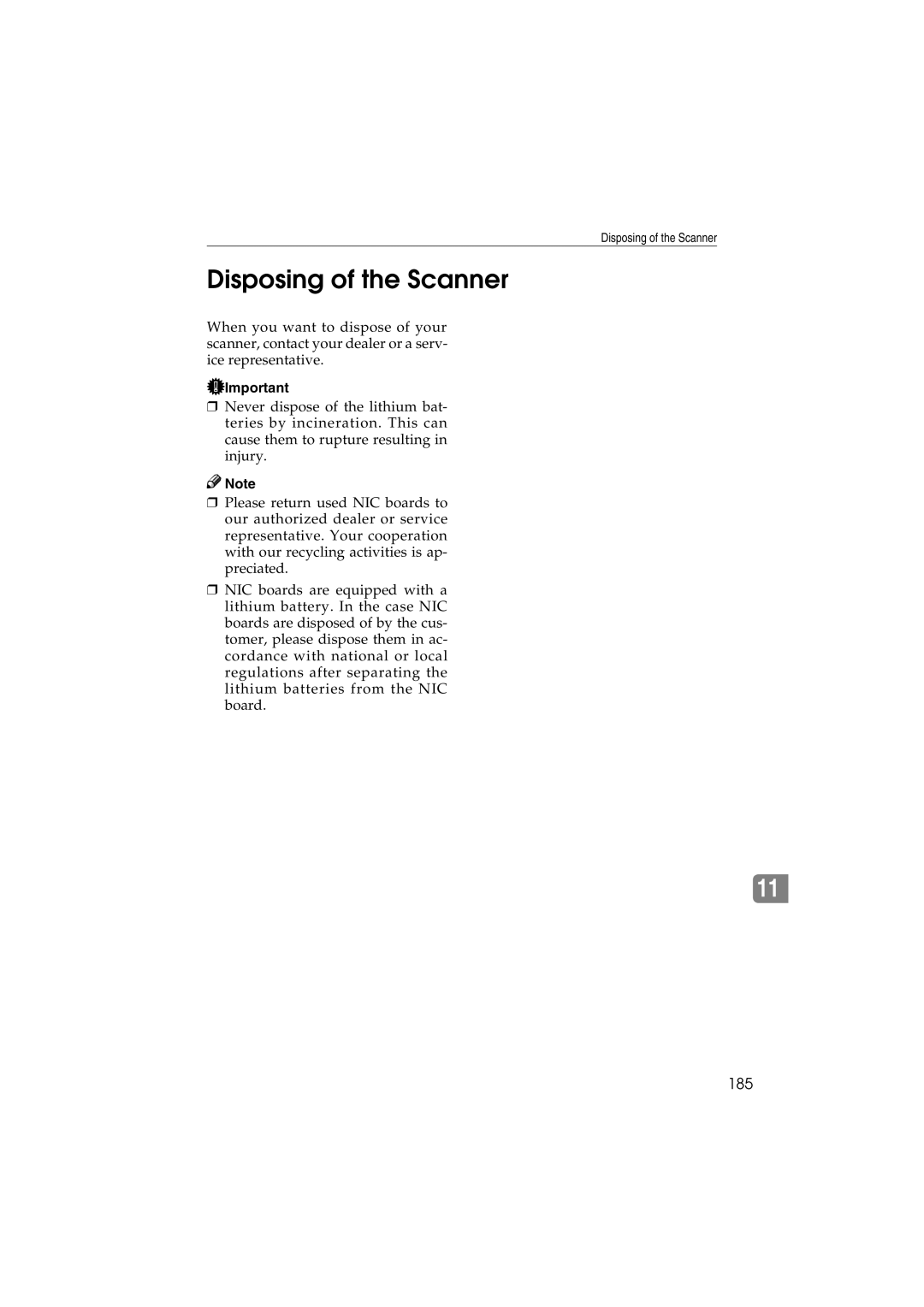 Ricoh IS300e operating instructions Disposing of the Scanner, 185 