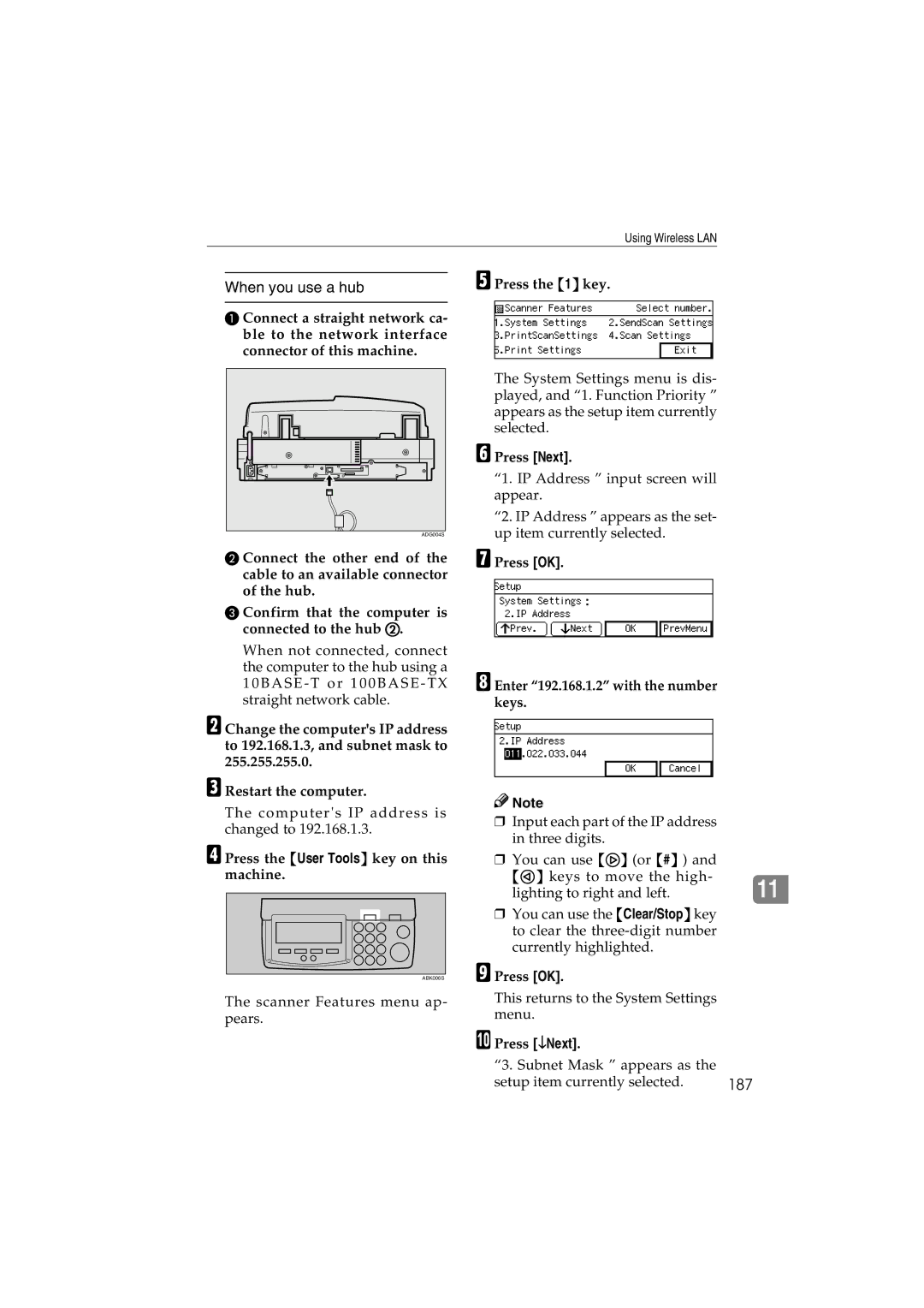 Ricoh IS300e operating instructions When you use a hub, 187, Press the User Tools key on this machine, Press ↓Next 