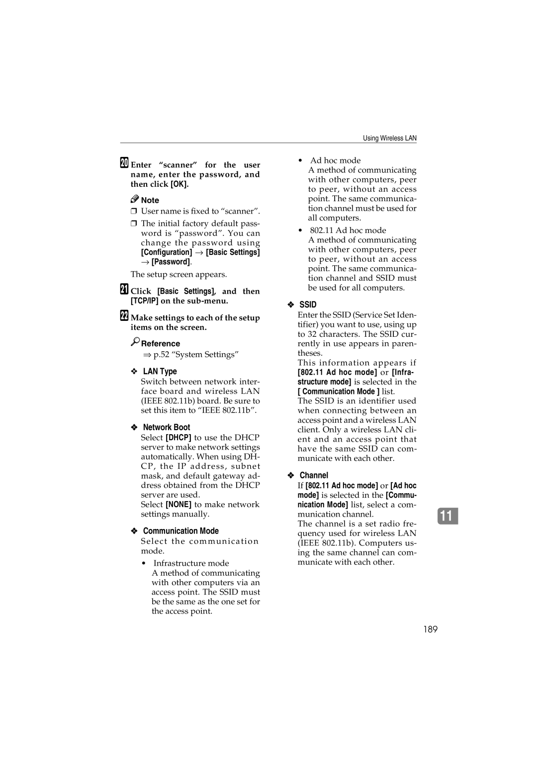 Ricoh IS300e operating instructions Communication Mode, Channel, 189, Configuration → Basic Settings → Password 