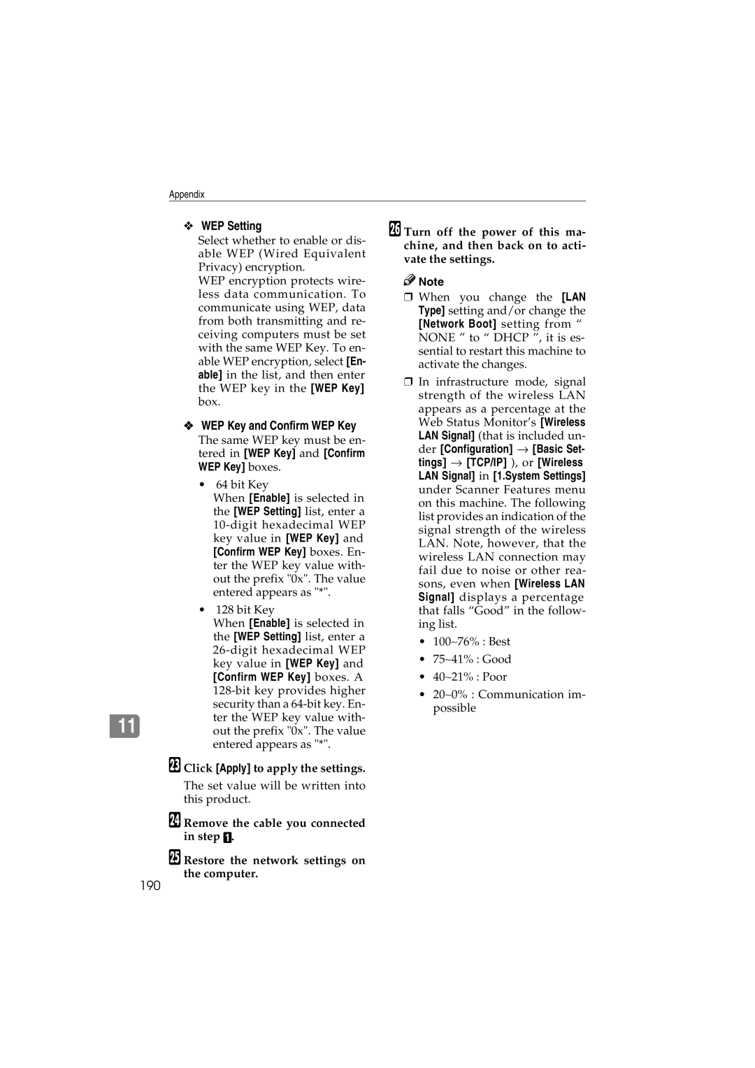 Ricoh IS300e operating instructions WEP Setting, 190, WEP Key and Confirm WEP Key 