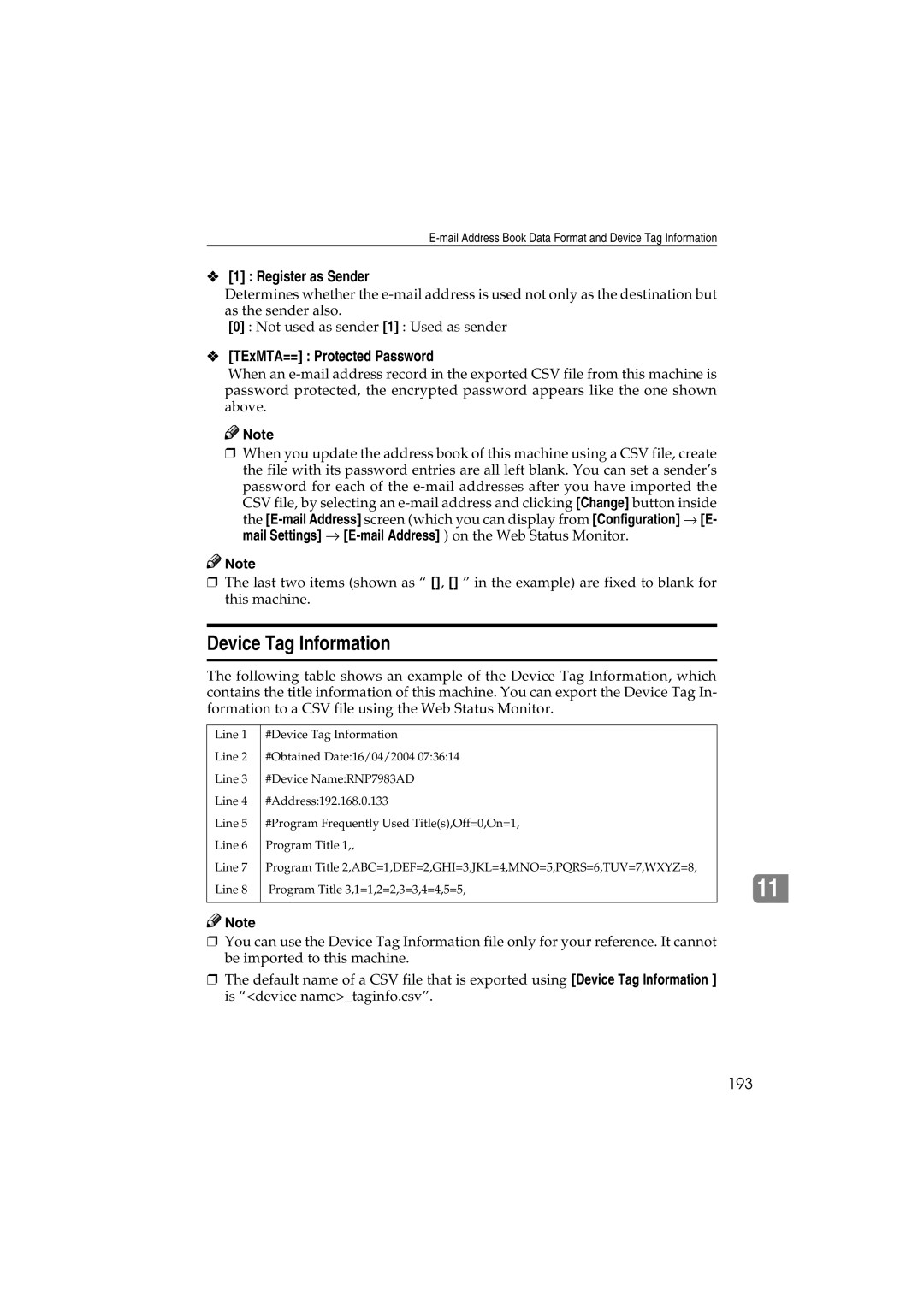 Ricoh IS300e operating instructions Device Tag Information, Register as Sender, TExMTA== Protected Password, 193 