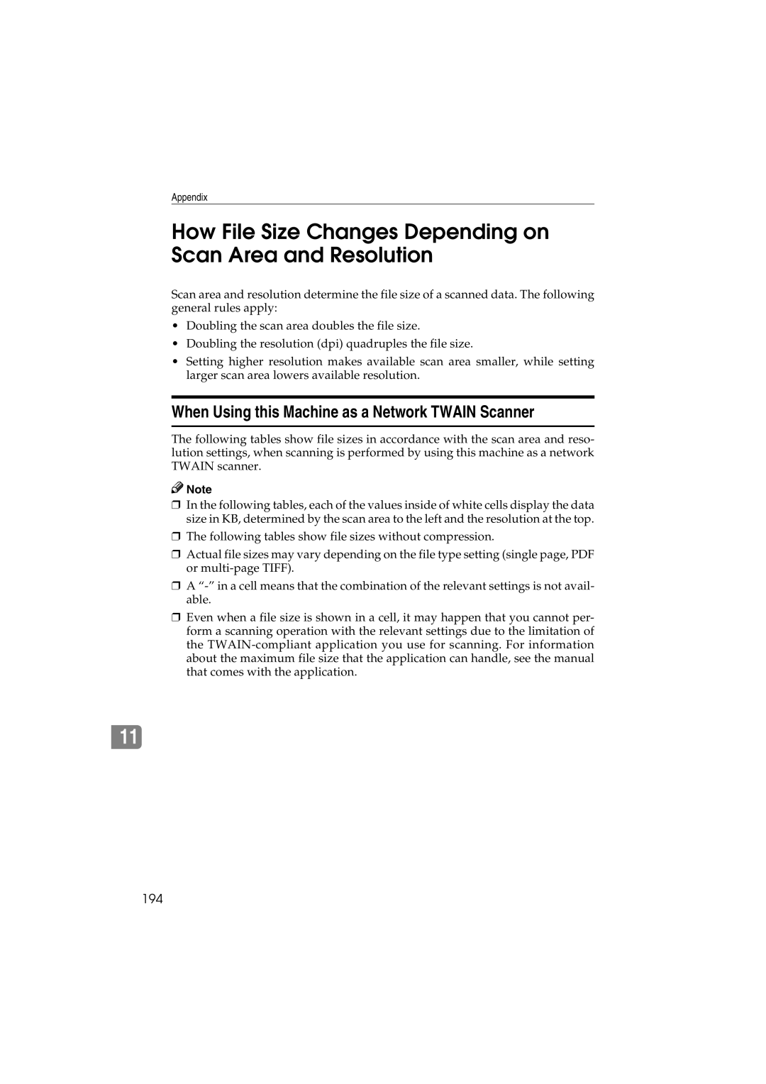 Ricoh IS300e operating instructions How File Size Changes Depending on Scan Area and Resolution, 194 