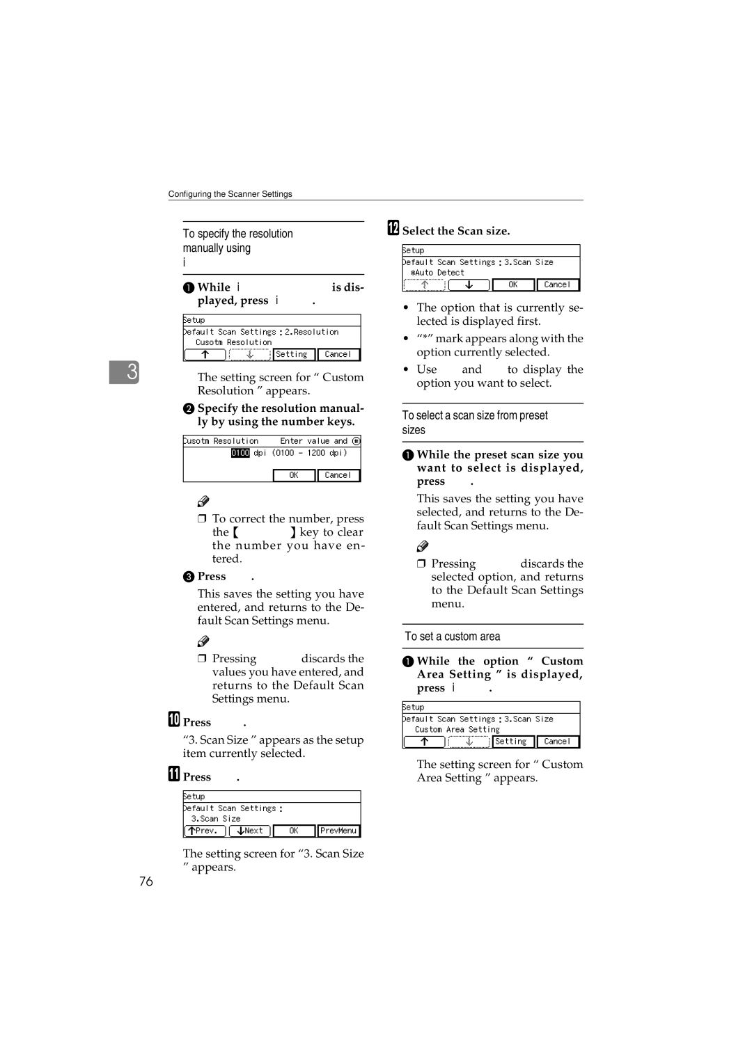 Ricoh IS300e To specify the resolution manually using Custom, To select a scan size from preset sizes 