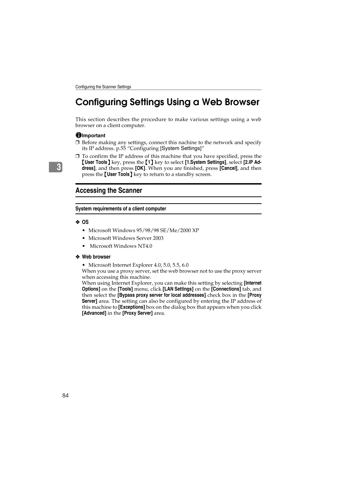 Ricoh IS300e Configuring Settings Using a Web Browser, Accessing the Scanner, System requirements of a client computer 