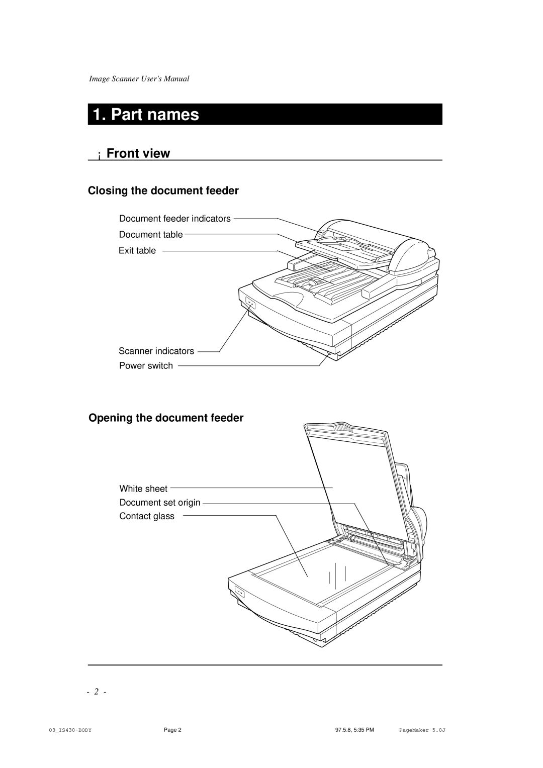 Ricoh IS430 user manual Part names, ¡ Front view 