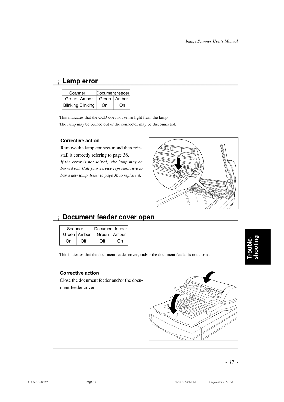 Ricoh IS430 user manual ¡ Lamp error, ¡ Document feeder cover open 