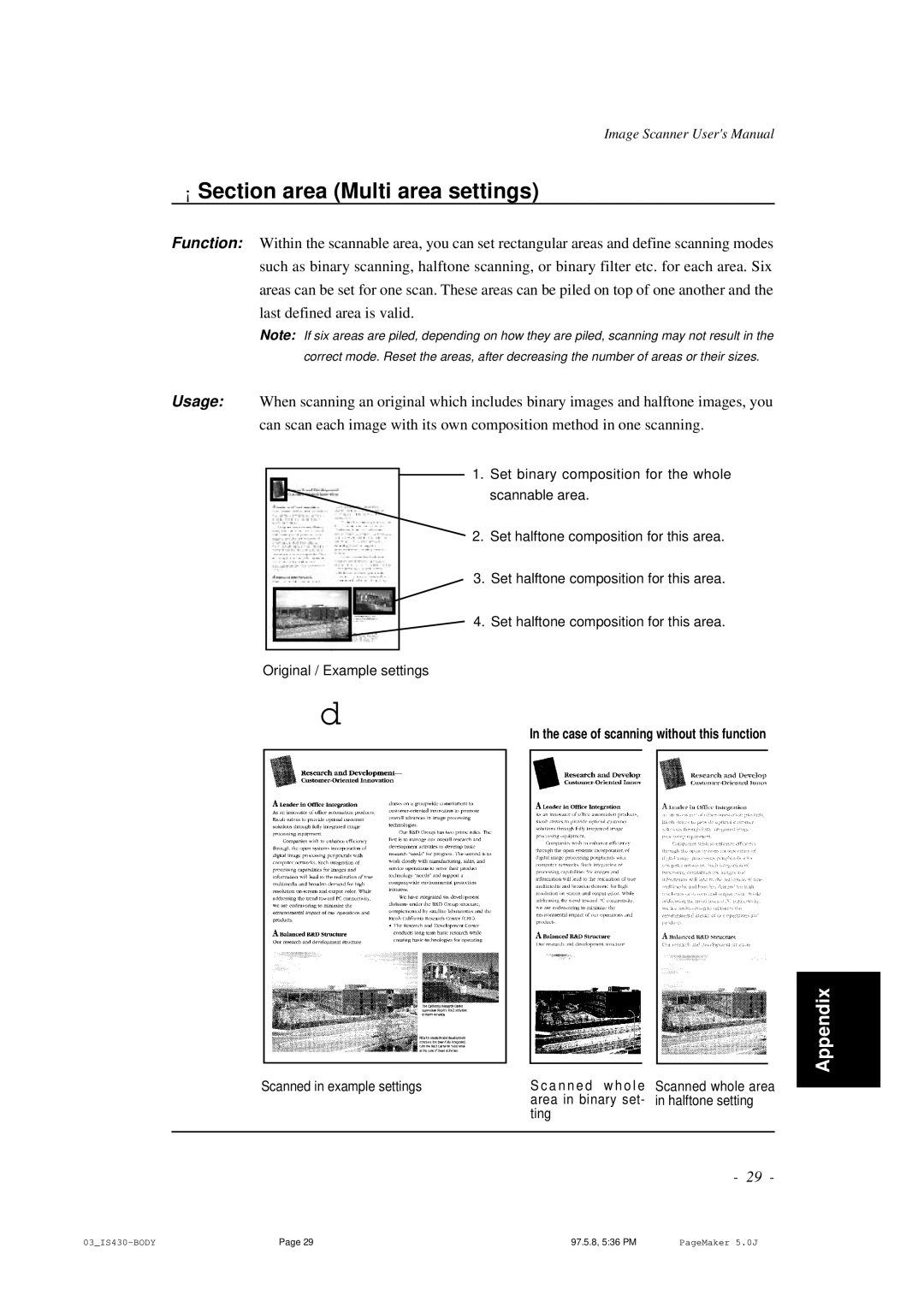 Ricoh IS430 user manual ¡ Section area Multi area settings, Case of scanning without this function 