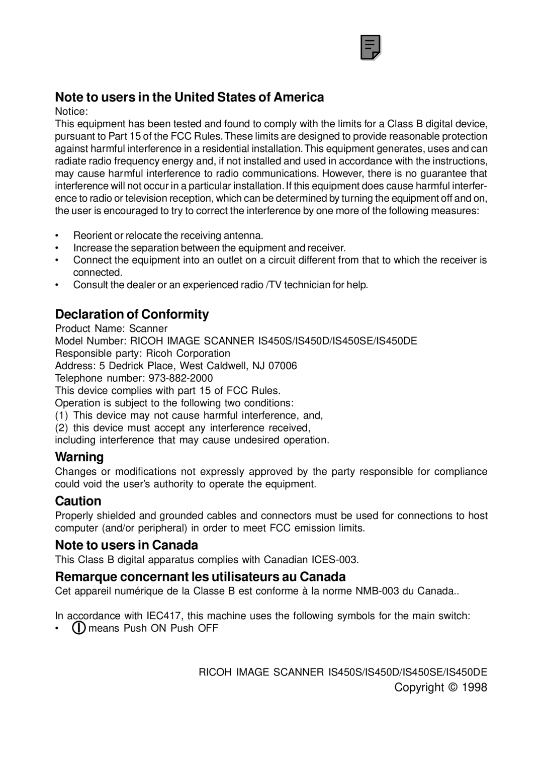 Ricoh IS450 operating instructions Declaration of Conformity 