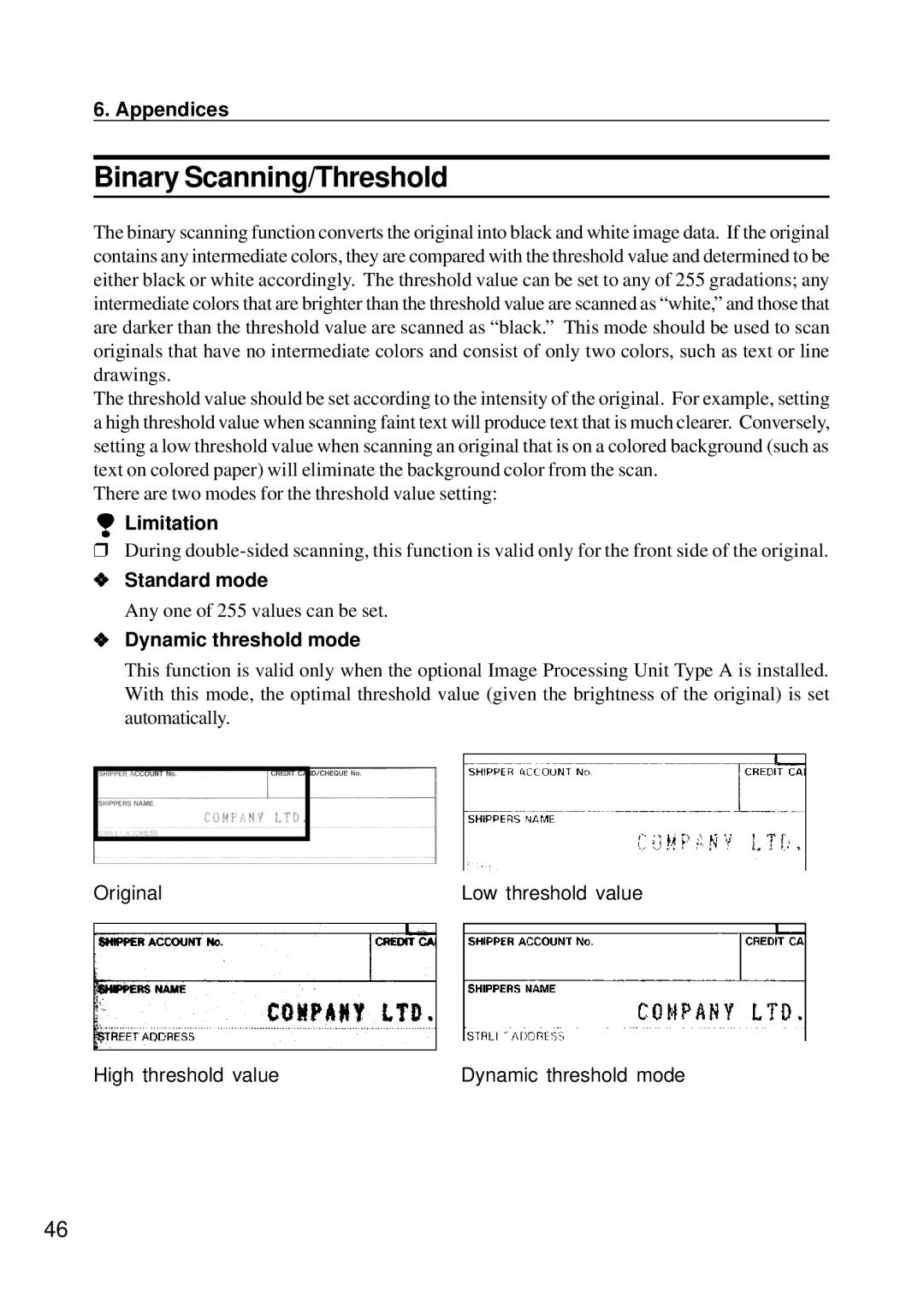 Ricoh IS450 operating instructions Binary Scanning/Threshold, Standard mode, Dynamic threshold mode 