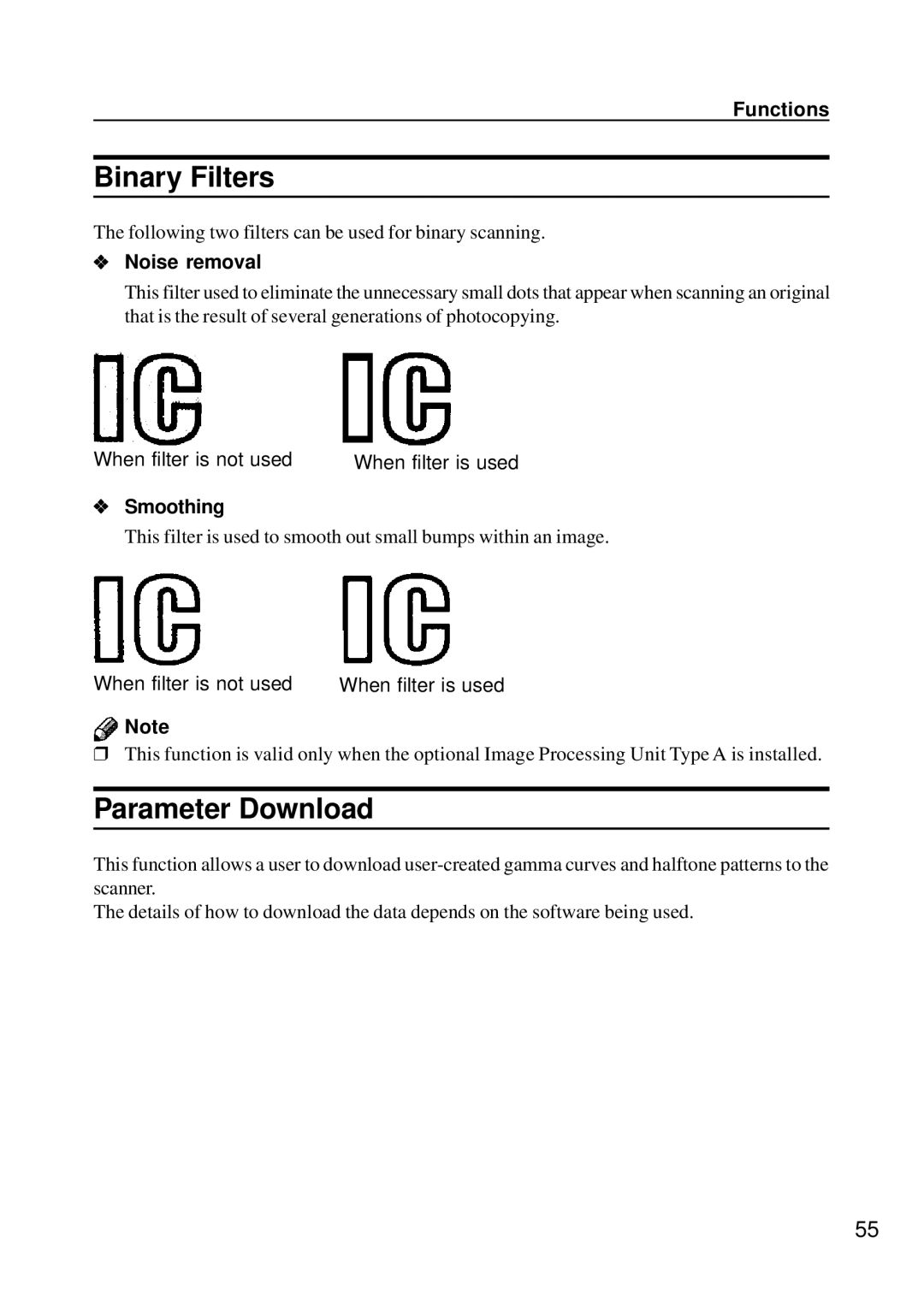 Ricoh IS450 operating instructions Binary Filters, Parameter Download, Noise removal, Smoothing 