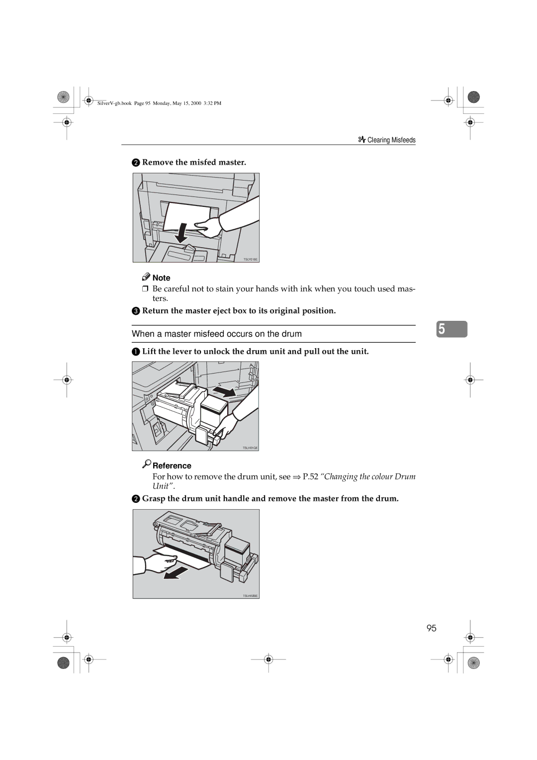 Ricoh JP1250, JP1210 operating instructions Remove the misfed master, Return the master eject box to its original position 