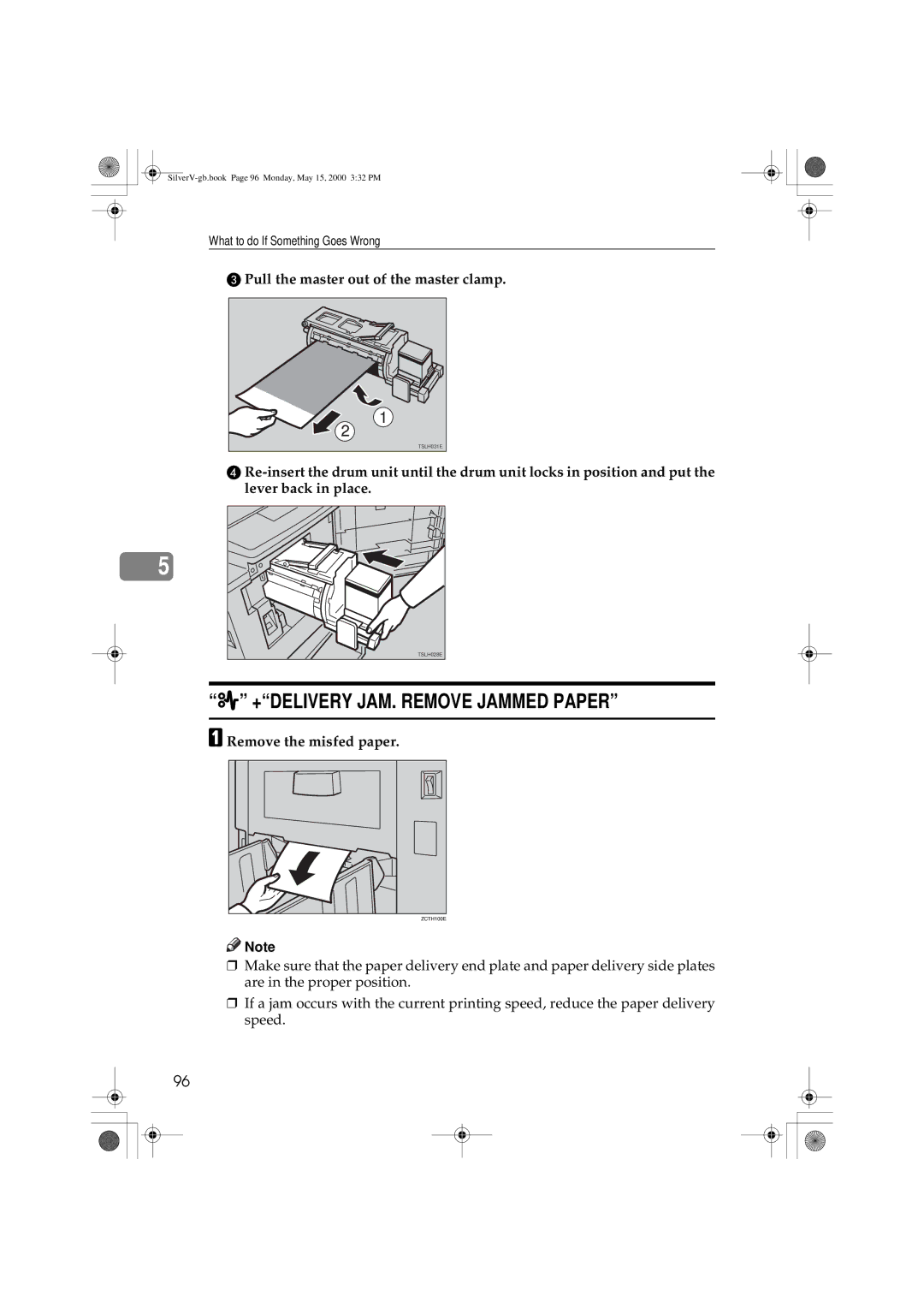 Ricoh JP1210, JP1250 operating instructions +DELIVERY JAM. Remove Jammed Paper, Pull the master out of the master clamp 