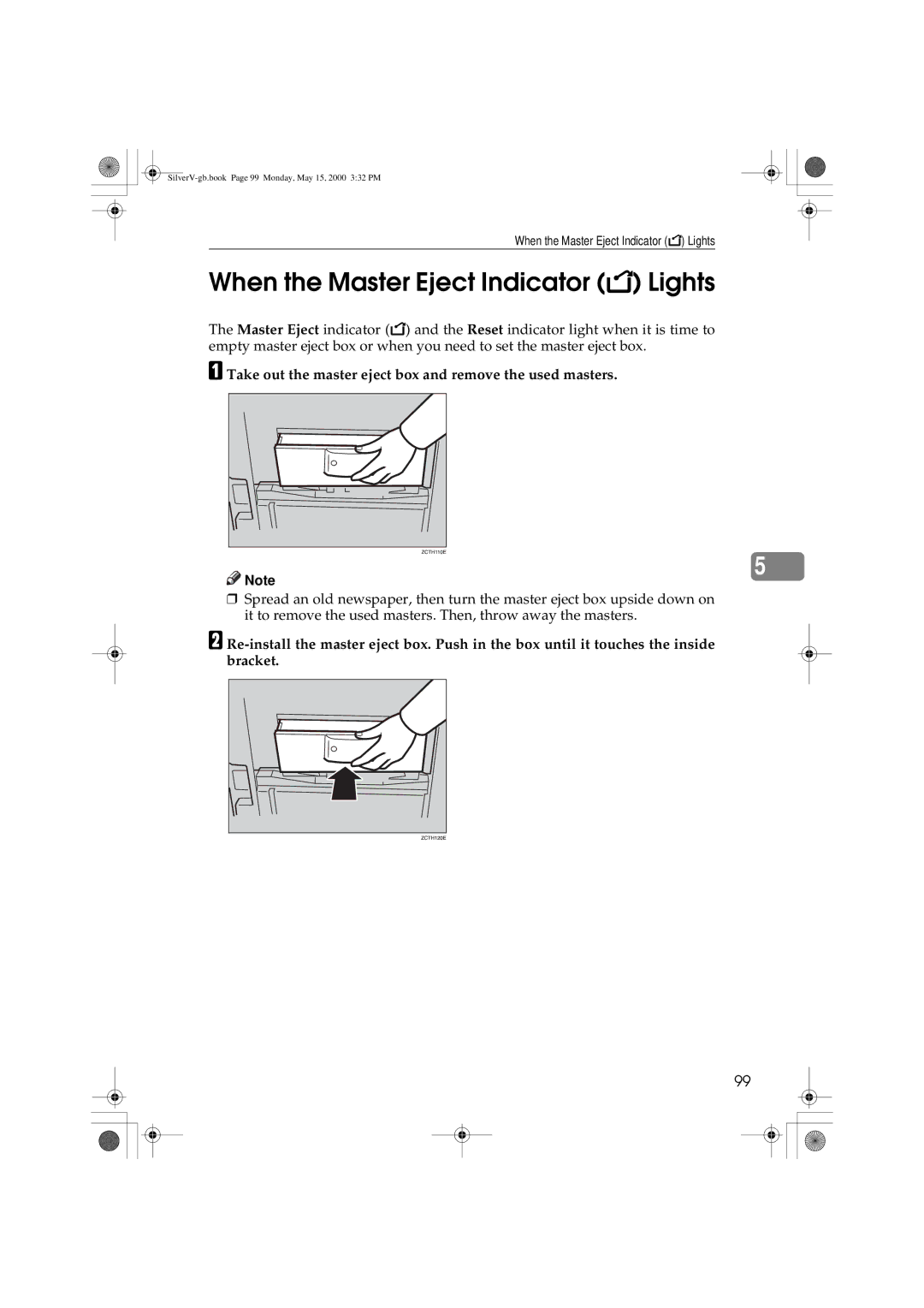 Ricoh JP1250, JP1210 When the Master Eject Indicator k Lights, Take out the master eject box and remove the used masters 