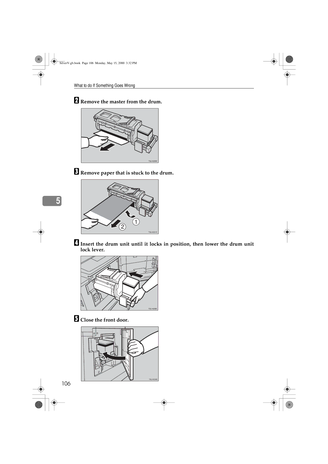 Ricoh JP1210, JP1250 operating instructions 106, Remove the master from the drum, Remove paper that is stuck to the drum 