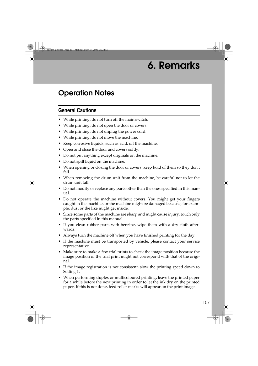 Ricoh JP1250, JP1210 operating instructions Operation Notes, General Cautions, 107 