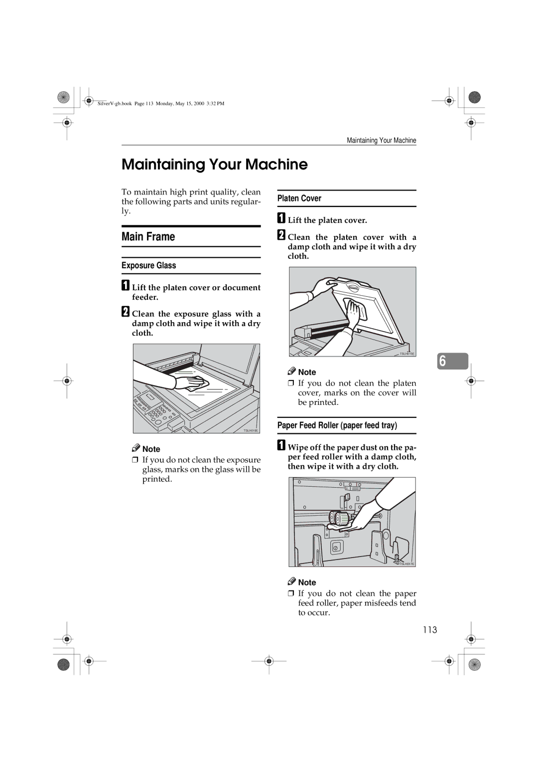 Ricoh JP1250, JP1210 Maintaining Your Machine, Main Frame, Exposure Glass, Platen Cover, Paper Feed Roller paper feed tray 