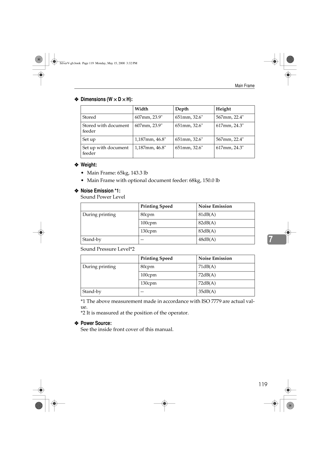 Ricoh JP1250, JP1210 operating instructions Dimensions W × D × H, Weight, Noise Emission *1, Power Source, 119 