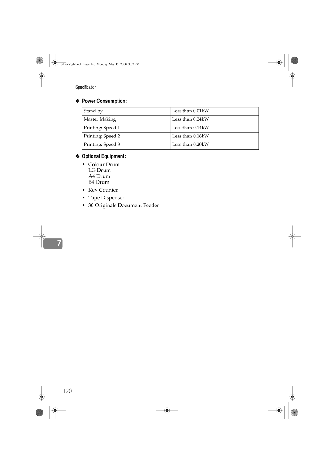 Ricoh JP1210, JP1250 operating instructions Power Consumption, Optional Equipment, 120 