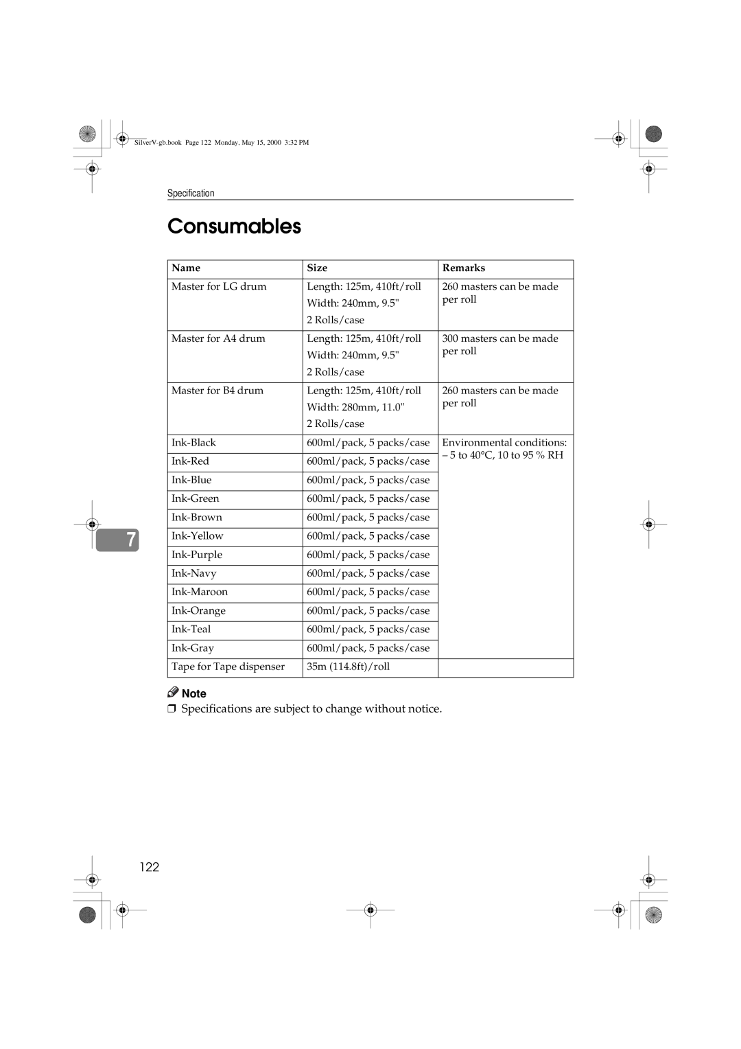 Ricoh JP1210, JP1250 operating instructions Consumables, 122 