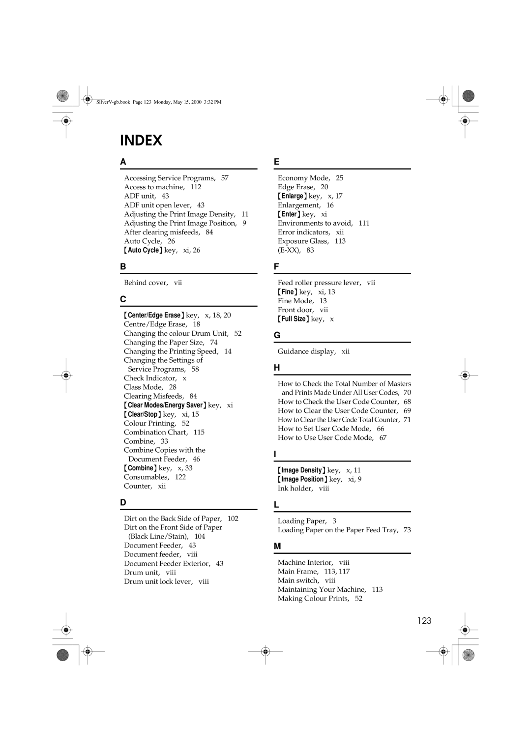 Ricoh JP1250, JP1210 operating instructions Index, 123 