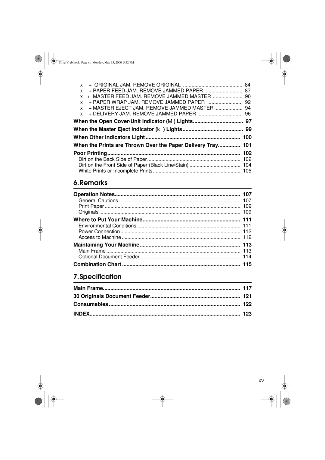 Ricoh JP1250, JP1210 operating instructions 100, 101, 102, 107, 111, 113, 115, 117, 122, 123 