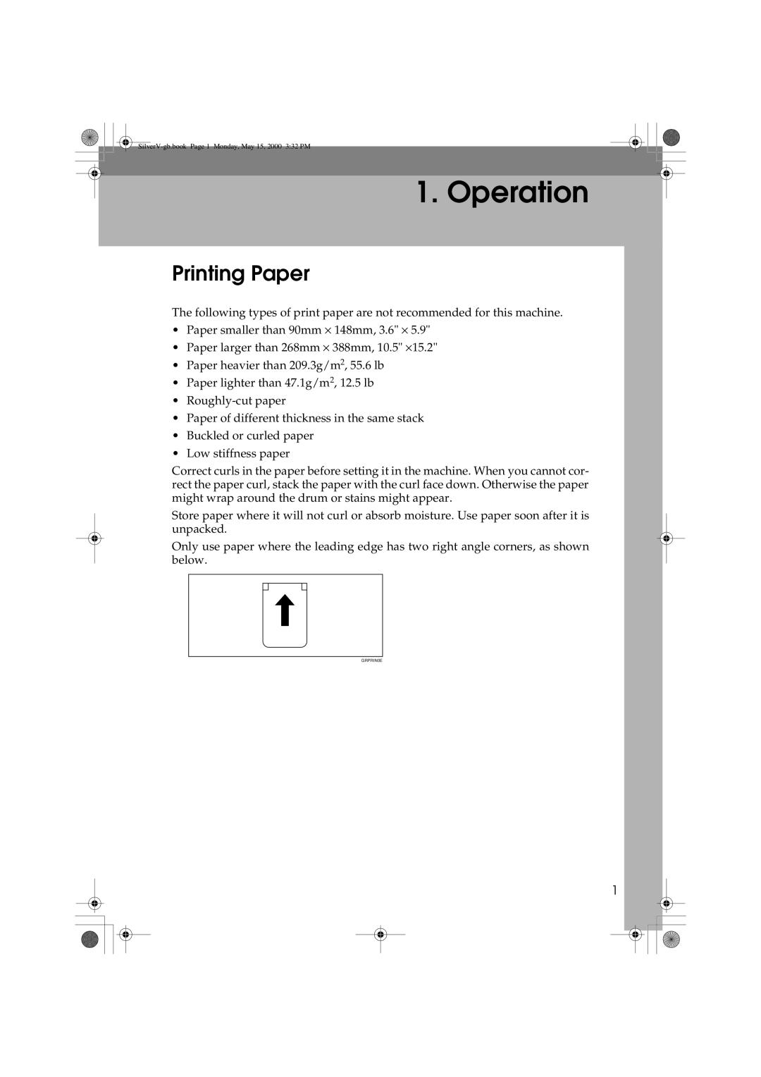 Ricoh JP1250, JP1210 operating instructions Operation, Printing Paper 