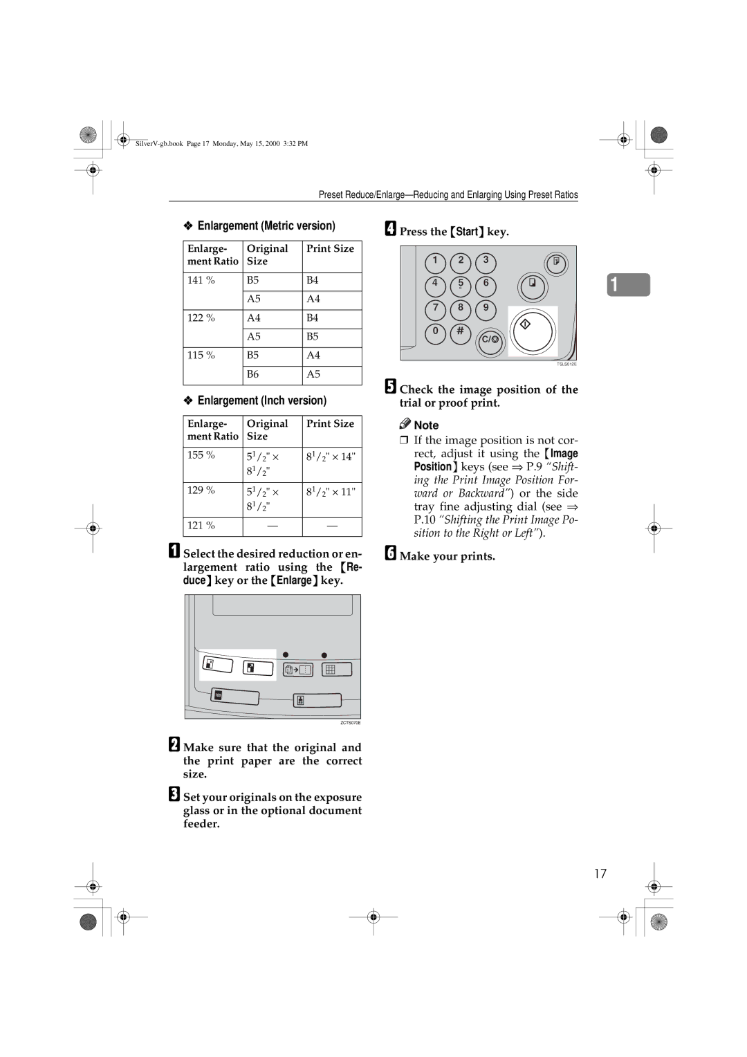 Ricoh JP1250, JP1210 operating instructions Enlargement Metric version, Enlargement Inch version, Make your prints 