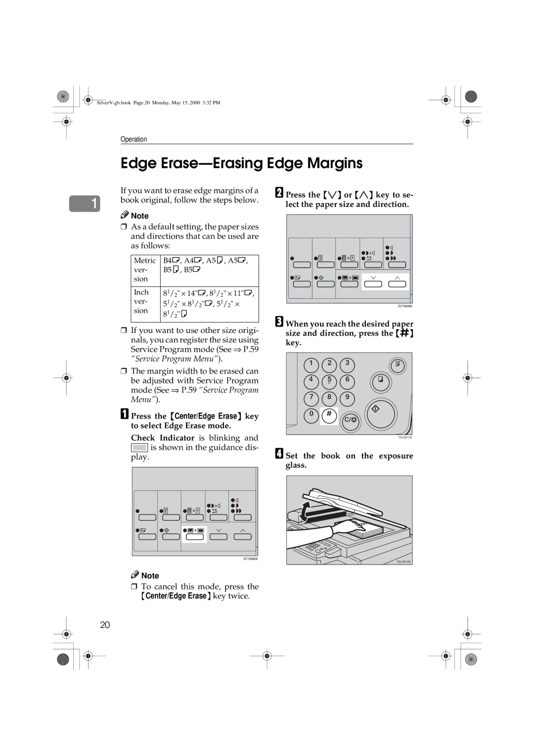 Ricoh JP1210, JP1250 Edge Erase-Erasing Edge Margins, Press the Center/Edge Erase key to select Edge Erase mode 