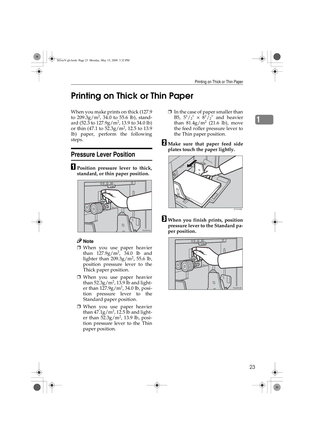 Ricoh JP1250, JP1210 operating instructions Printing on Thick or Thin Paper, Pressure Lever Position 