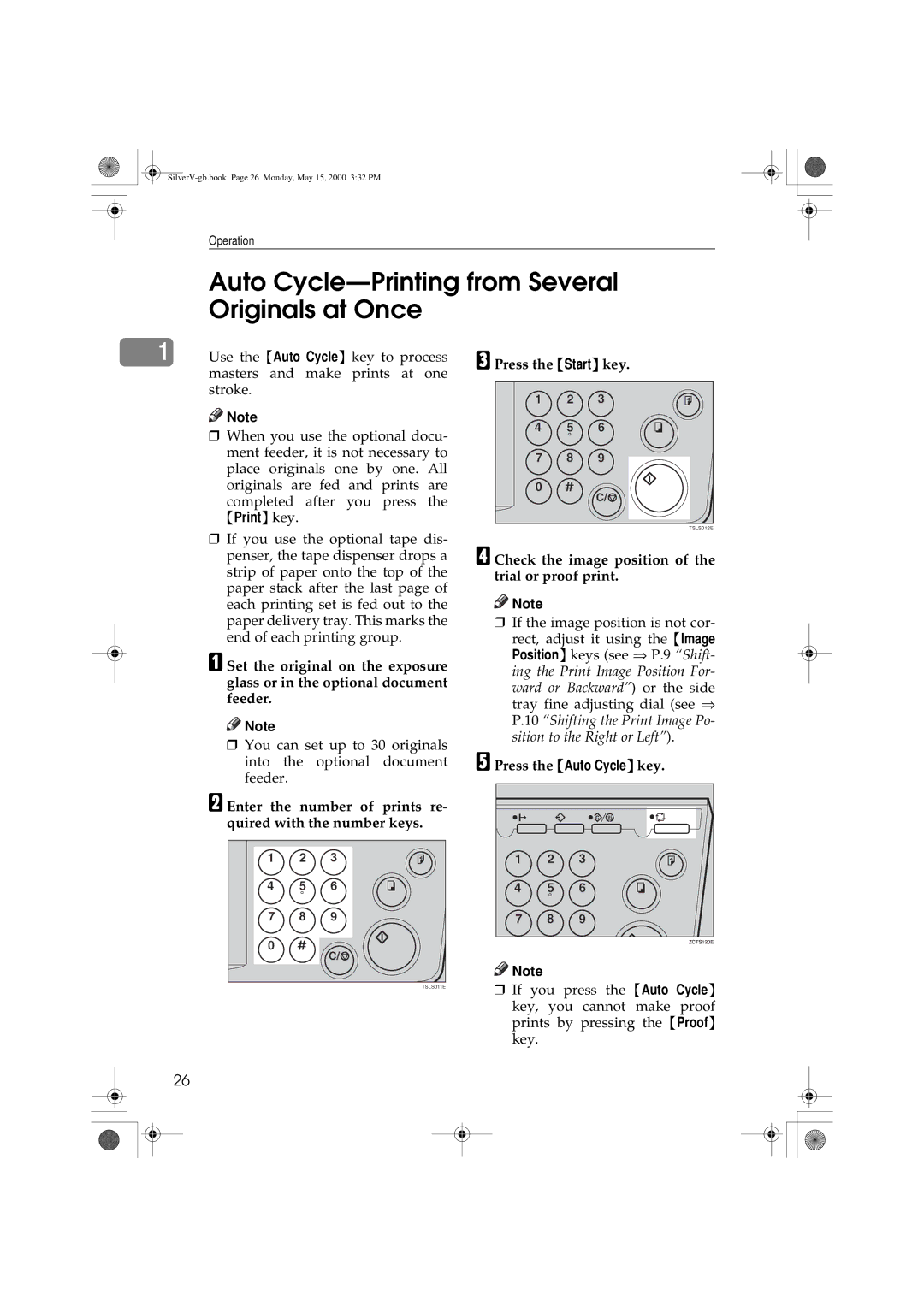 Ricoh JP1210, JP1250 operating instructions Auto Cycle-Printing from Several Originals at Once, Press the Auto Cycle key 