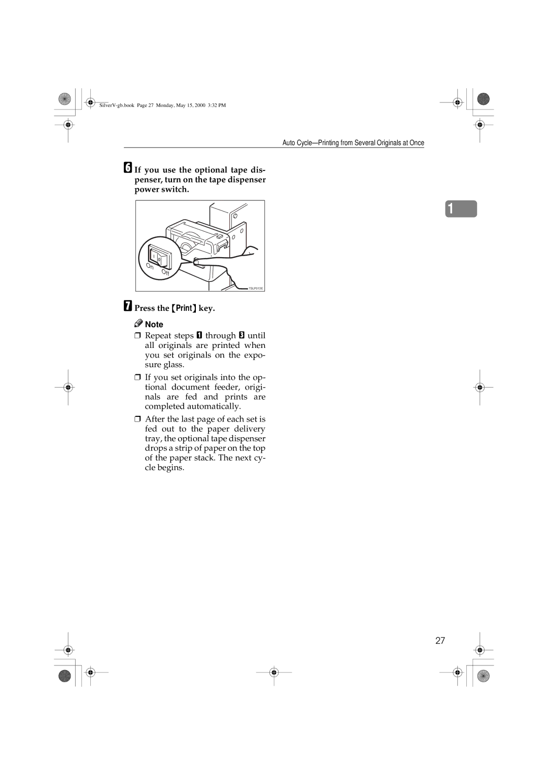 Ricoh JP1250, JP1210 If you use the optional tape dis, Penser, turn on the tape dispenser, Power switch 