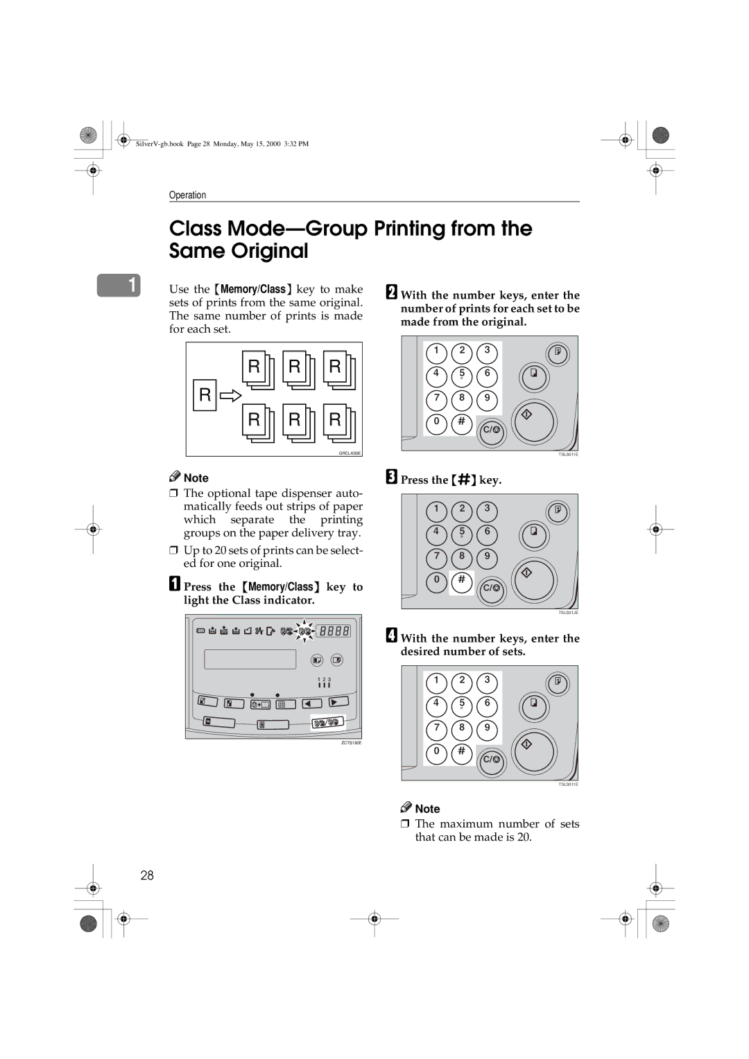 Ricoh JP1210 Class Mode-Group Printing from the Same Original, Press the Memory/Class key to light the Class indicator 