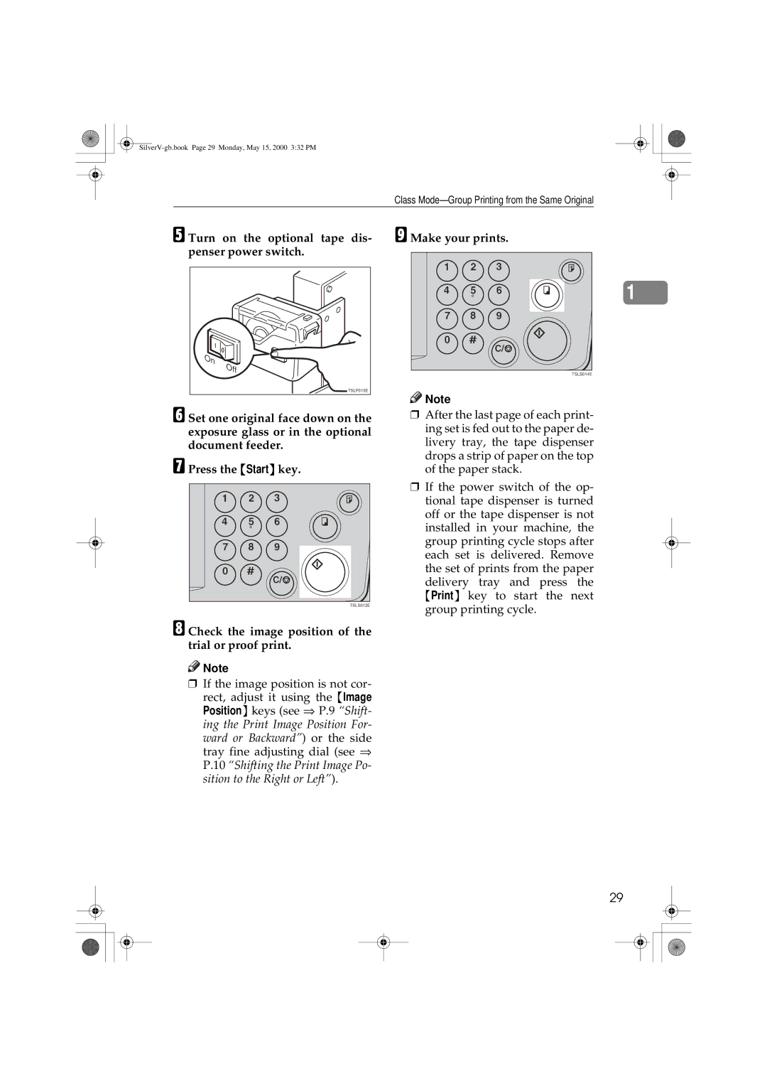 Ricoh JP1250 Turn on the optional tape dis- penser power switch, Check the image position of the trial or proof print 