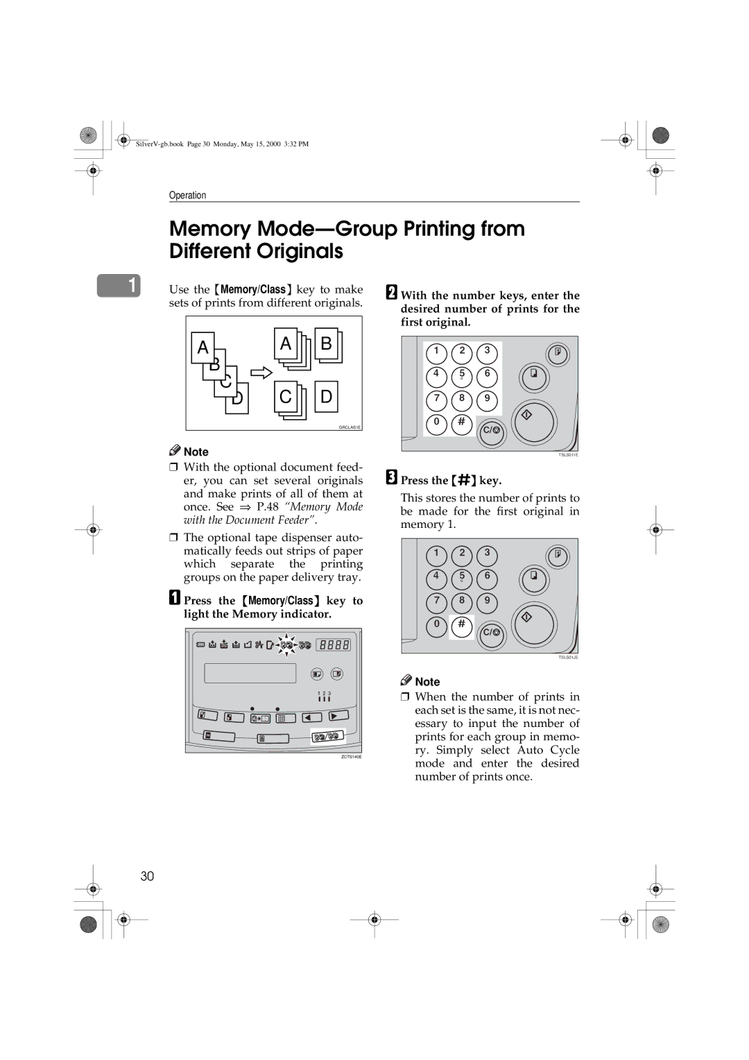 Ricoh JP1210, JP1250 operating instructions Memory Mode-Group Printing from Different Originals 