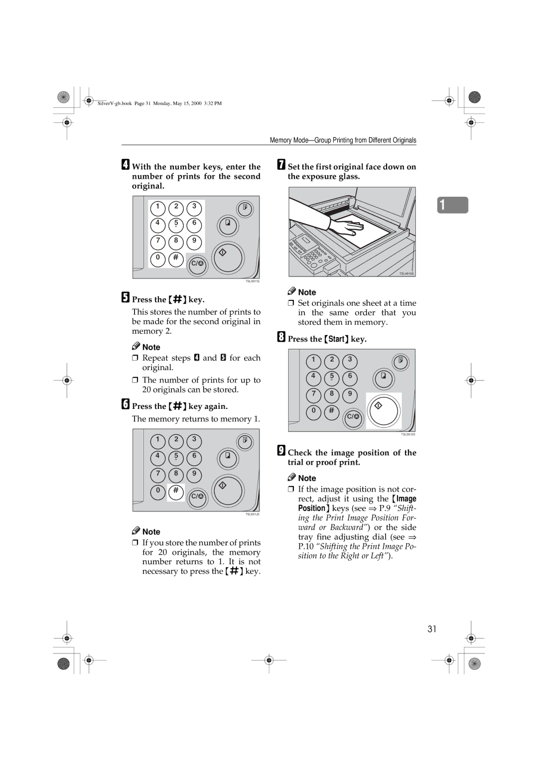 Ricoh JP1250, JP1210 operating instructions Press the q key again, Set the first original face down on the exposure glass 