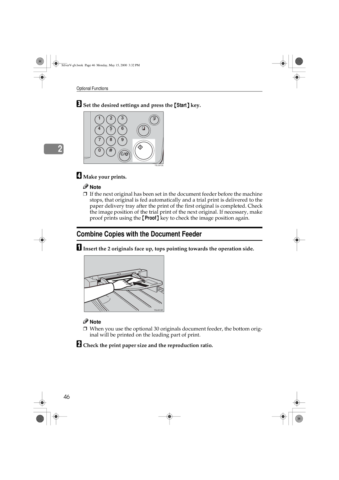 Ricoh JP1210, JP1250 Combine Copies with the Document Feeder, Set the desired settings and press the Start key 