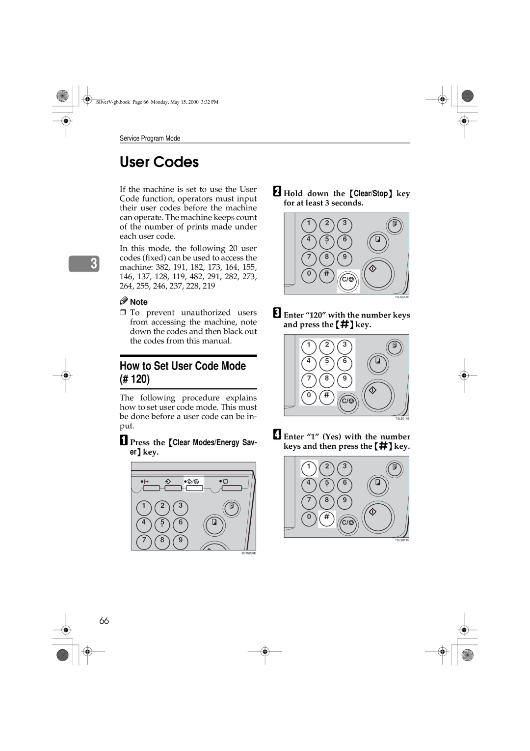 Ricoh JP1210, JP1250 User Codes, How to Set User Code Mode #, Er key Enter 120 with the number keys and press the q key 