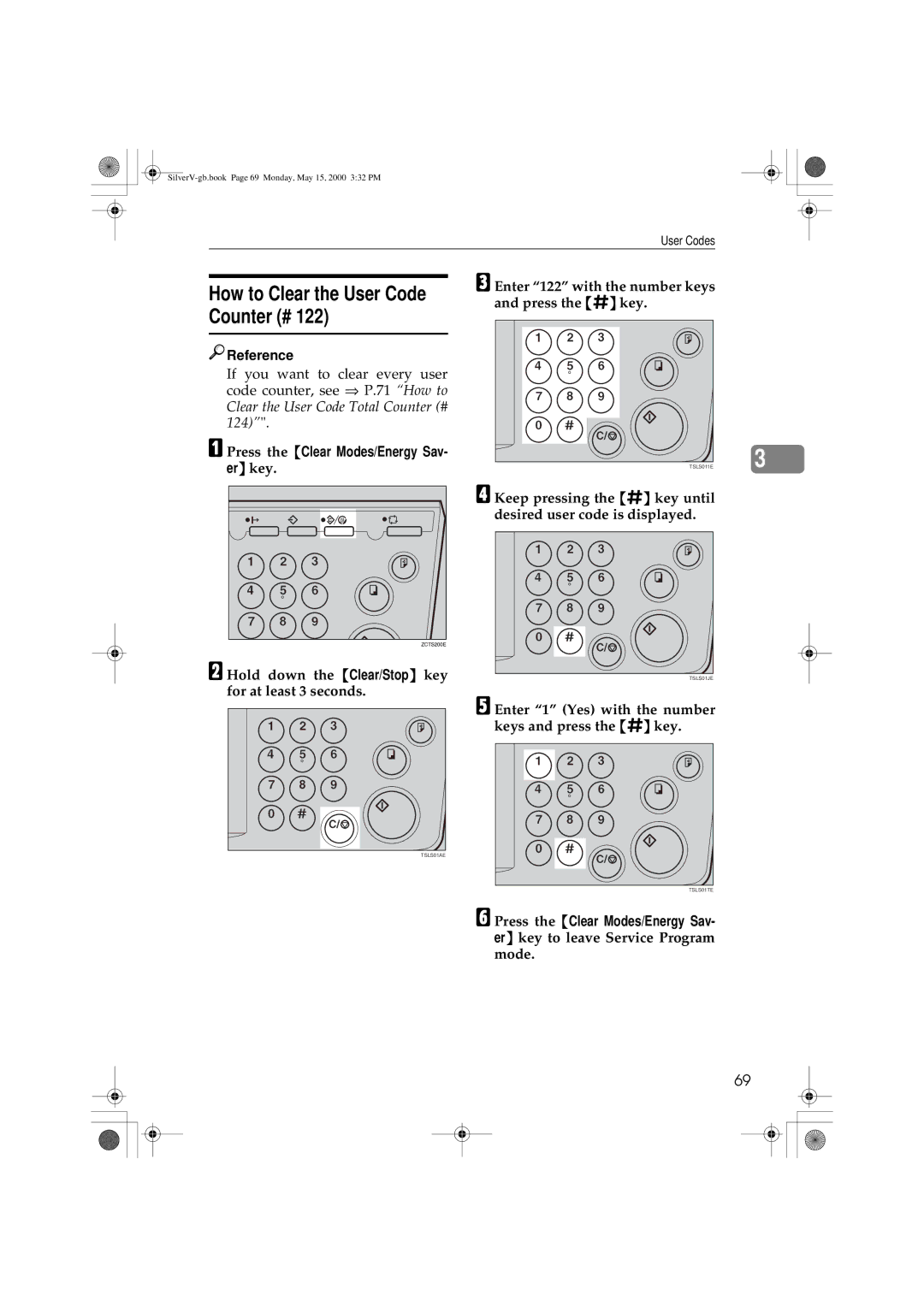 Ricoh JP1250, JP1210 How to Clear the User Code Counter #, Er key Enter 122 with the number keys and press the q key 