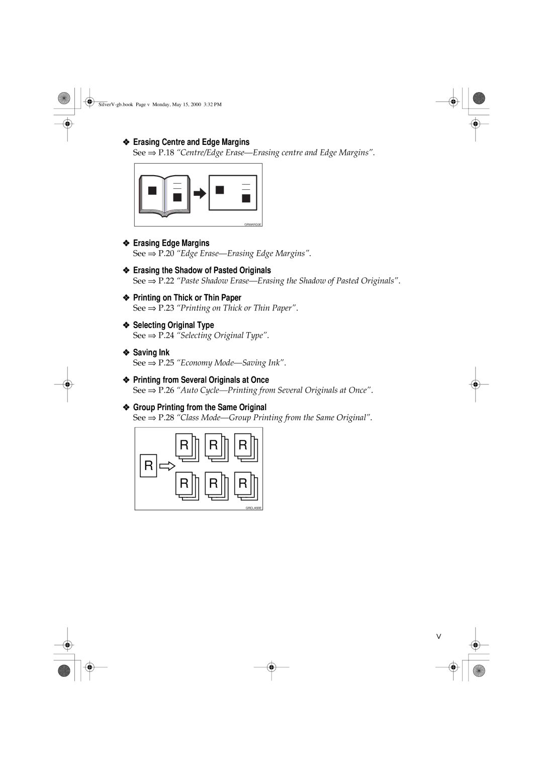 Ricoh JP1250 Erasing Centre and Edge Margins, Erasing Edge Margins, Erasing the Shadow of Pasted Originals, Saving Ink 