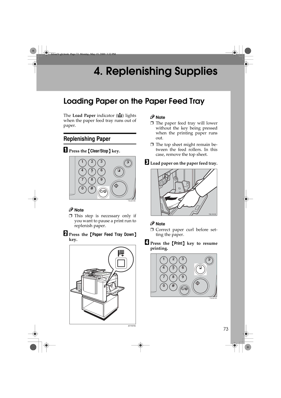 Ricoh JP1250, JP1210 Loading Paper on the Paper Feed Tray, Replenishing Paper, Press the Paper Feed Tray Down 