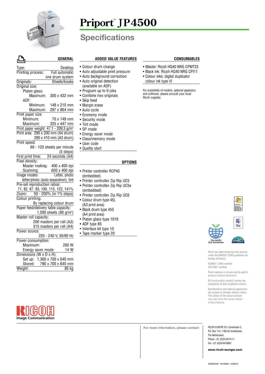 Ricoh JP4500 manual Specifications 