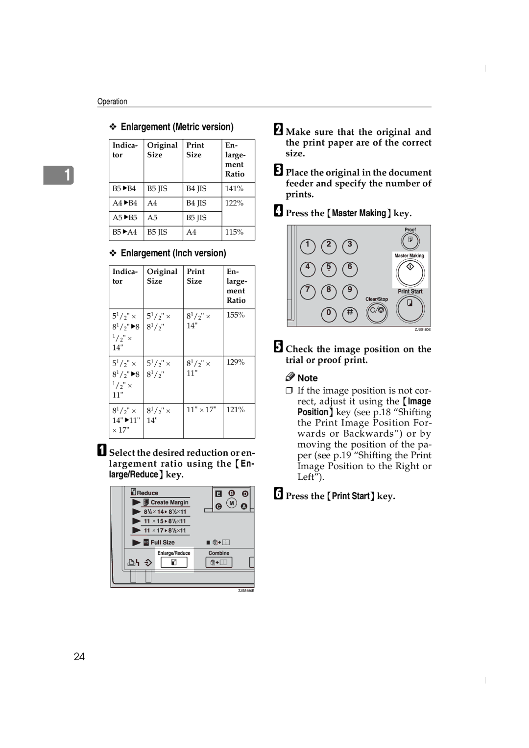 Ricoh JP730 manual Enlargement Metric version, Enlargement Inch version 