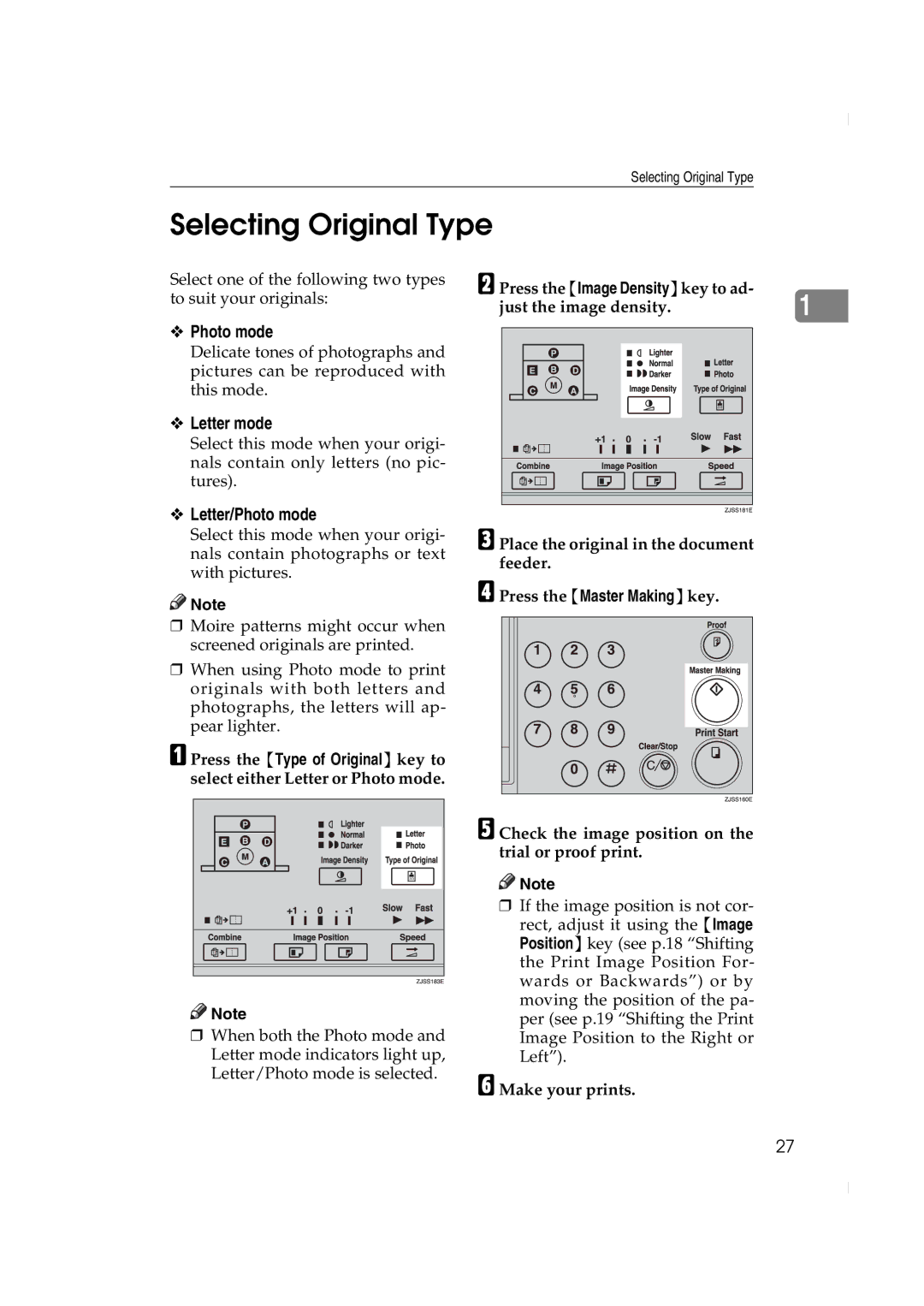 Ricoh JP730 manual Selecting Original Type, Letter/Photo mode 