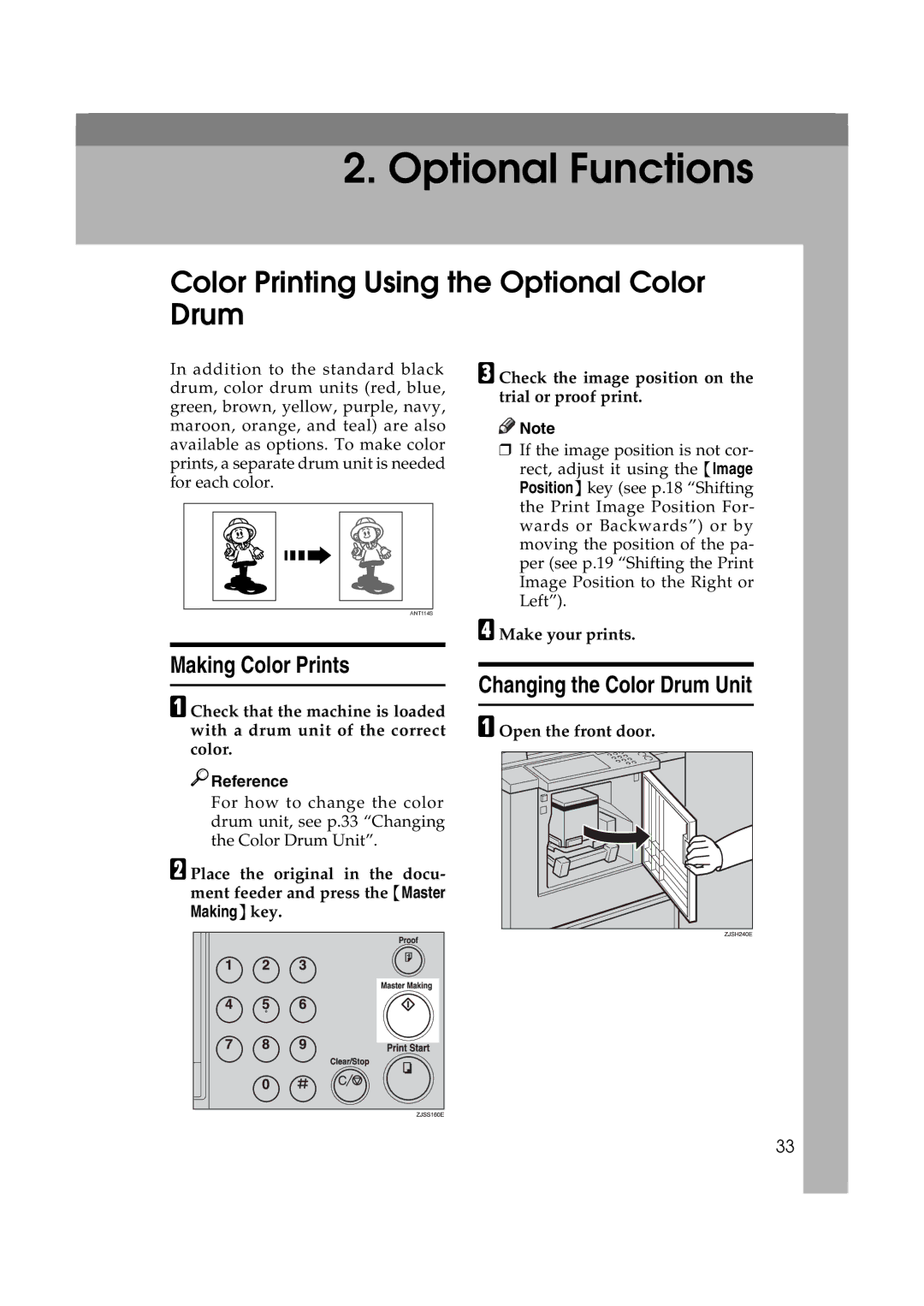 Ricoh JP730 manual Color Printing Using the Optional Color Drum, Making Color Prints, Changing the Color Drum Unit 