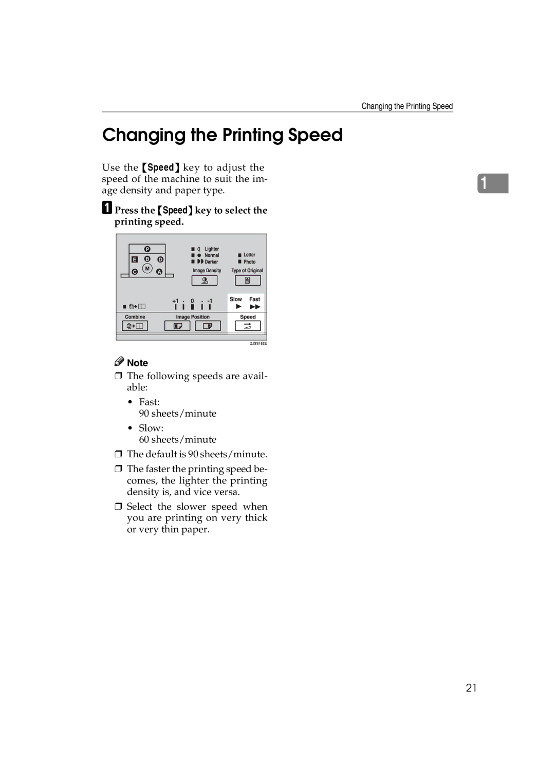 Ricoh JP730 manual Changing the Printing Speed, Press the Speed key to select the printing speed 