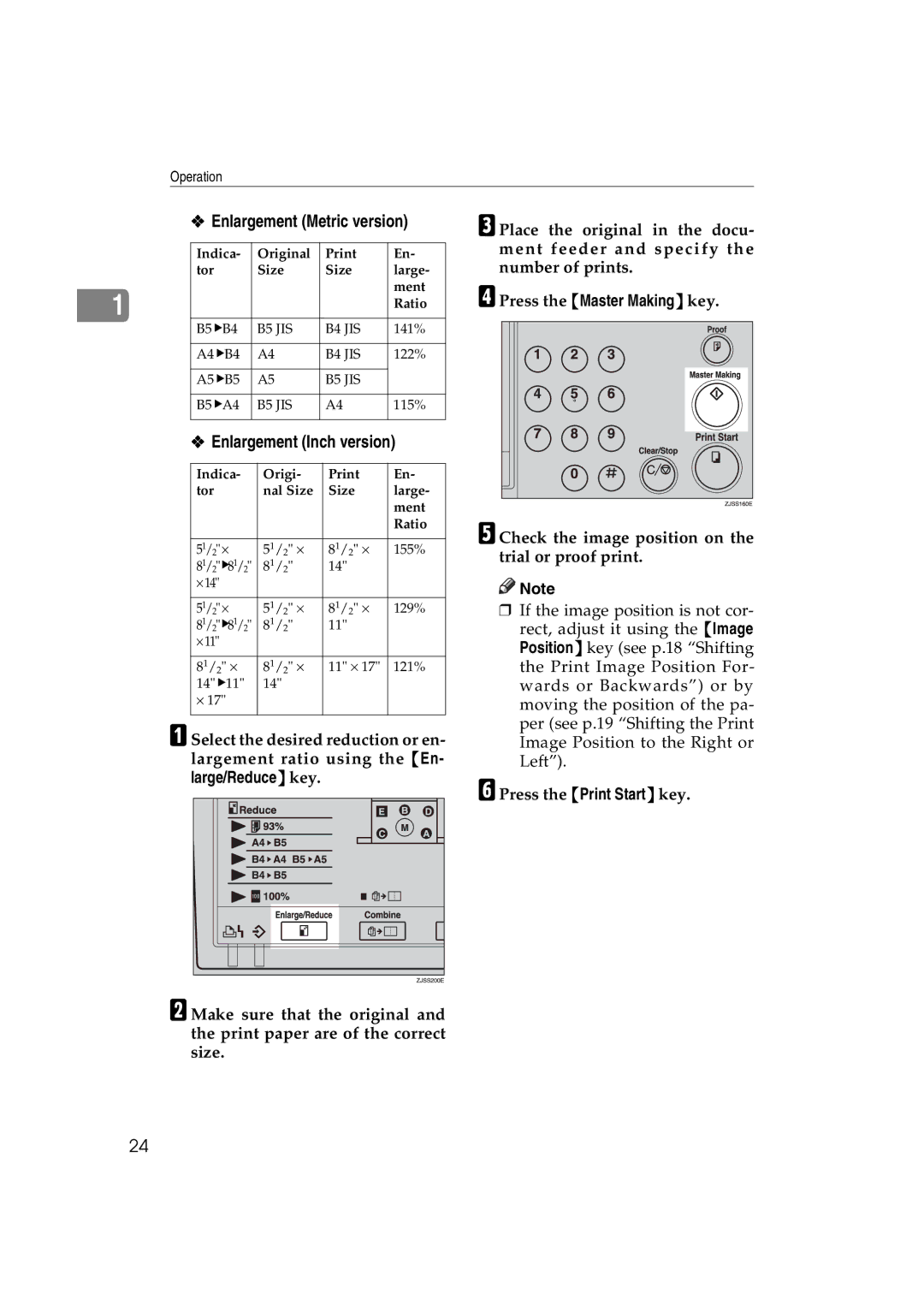 Ricoh JP730 manual Enlargement Metric version, Enlargement Inch version 