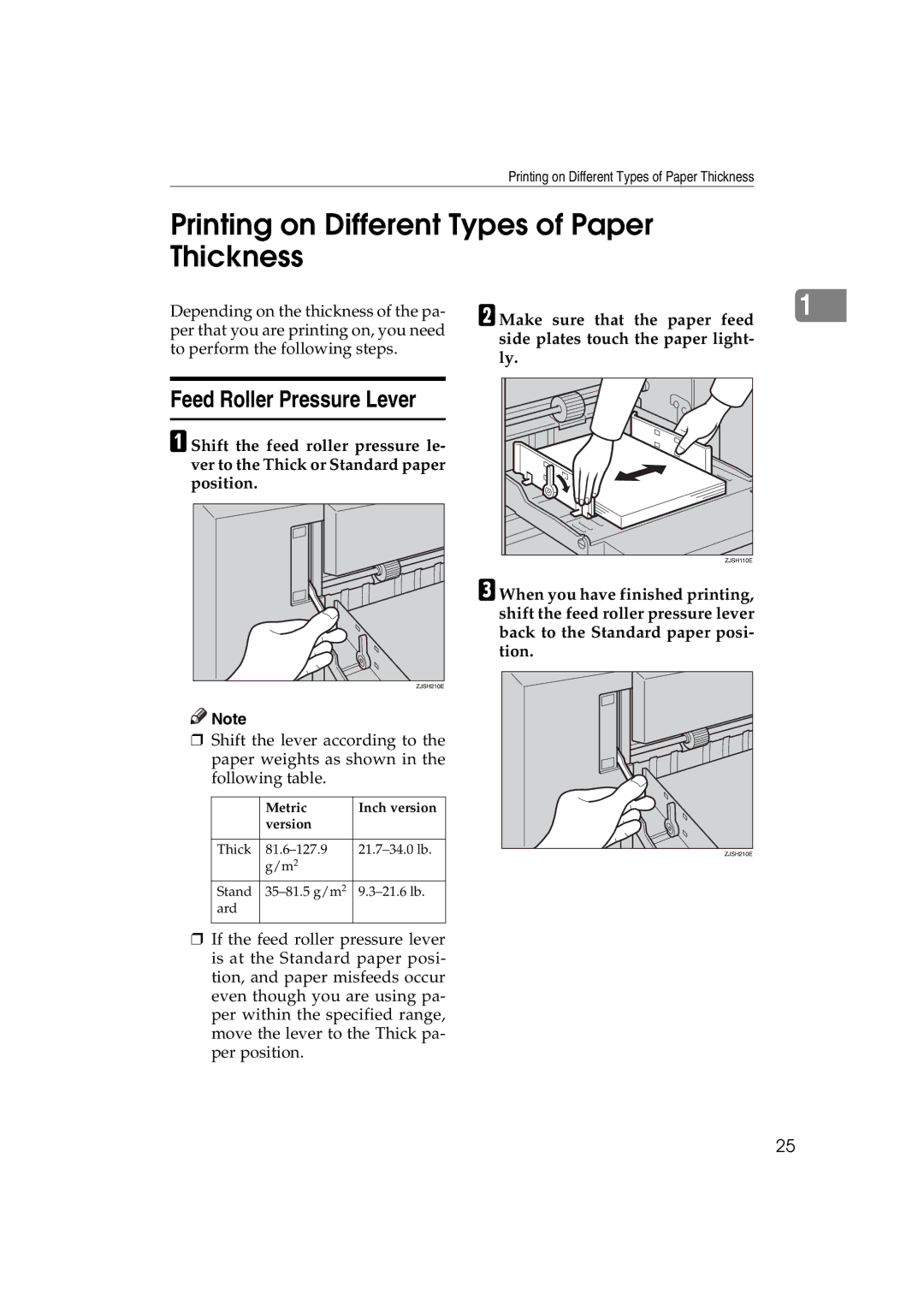 Ricoh JP730 manual Printing on Different Types of Paper Thickness, Feed Roller Pressure Lever 