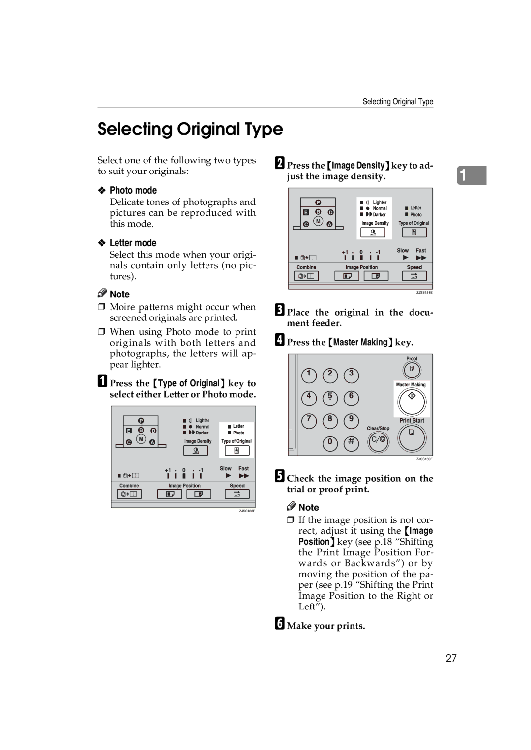 Ricoh JP730 manual Selecting Original Type, Photo mode, Letter mode 