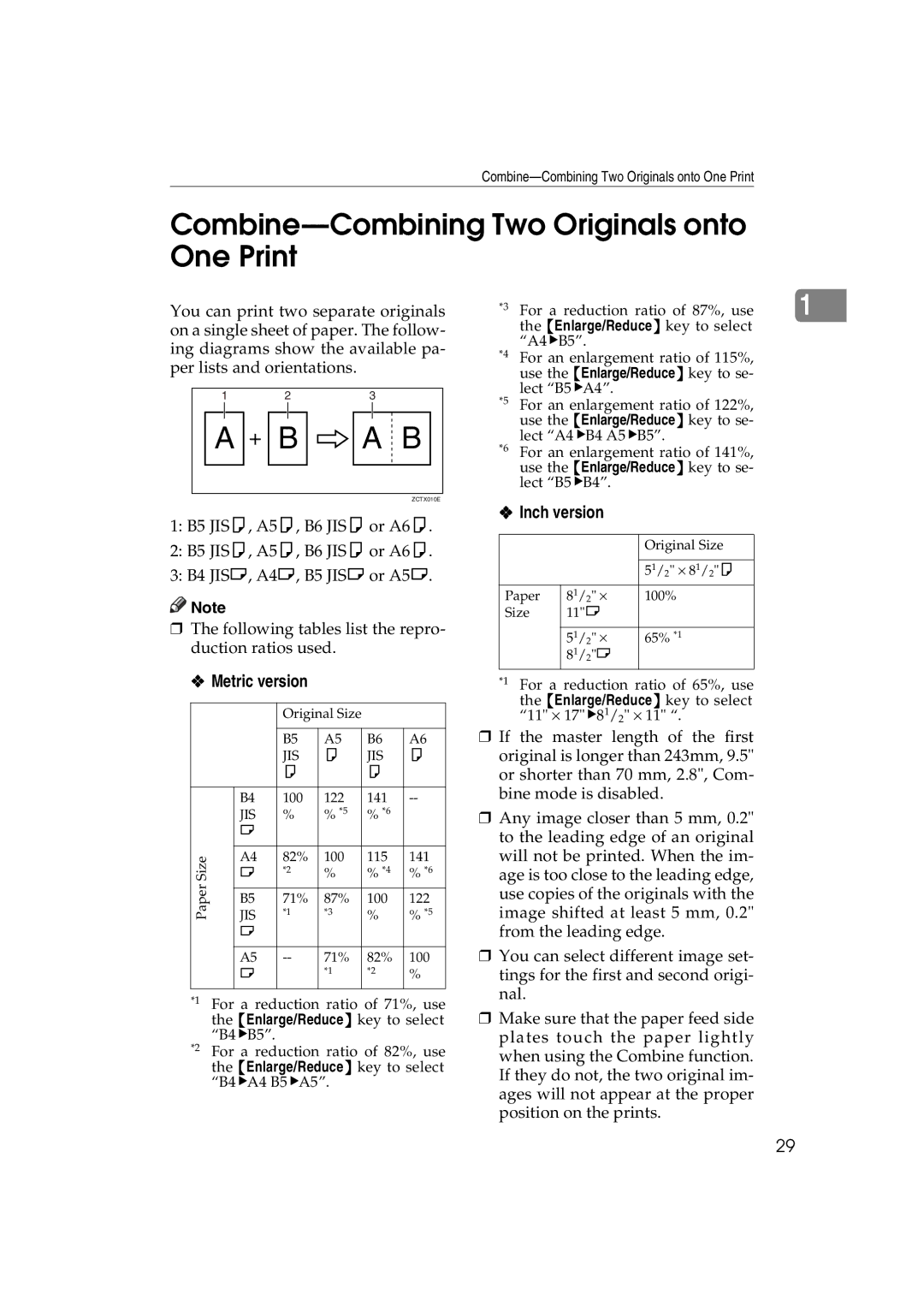 Ricoh JP730 manual Combine-Combining Two Originals onto One Print, Metric version, Inch version 